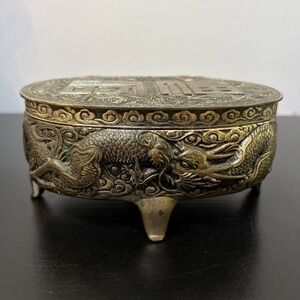 Vintage Made in Occupied Japan Metal Trinket Box Dragons Blessing 1950‎